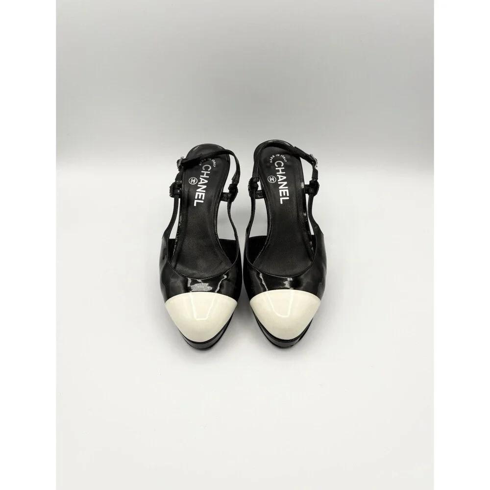 Chanel Black & White Patent Leather Cap Toe Platform Slingback Heel Size EU 37.5